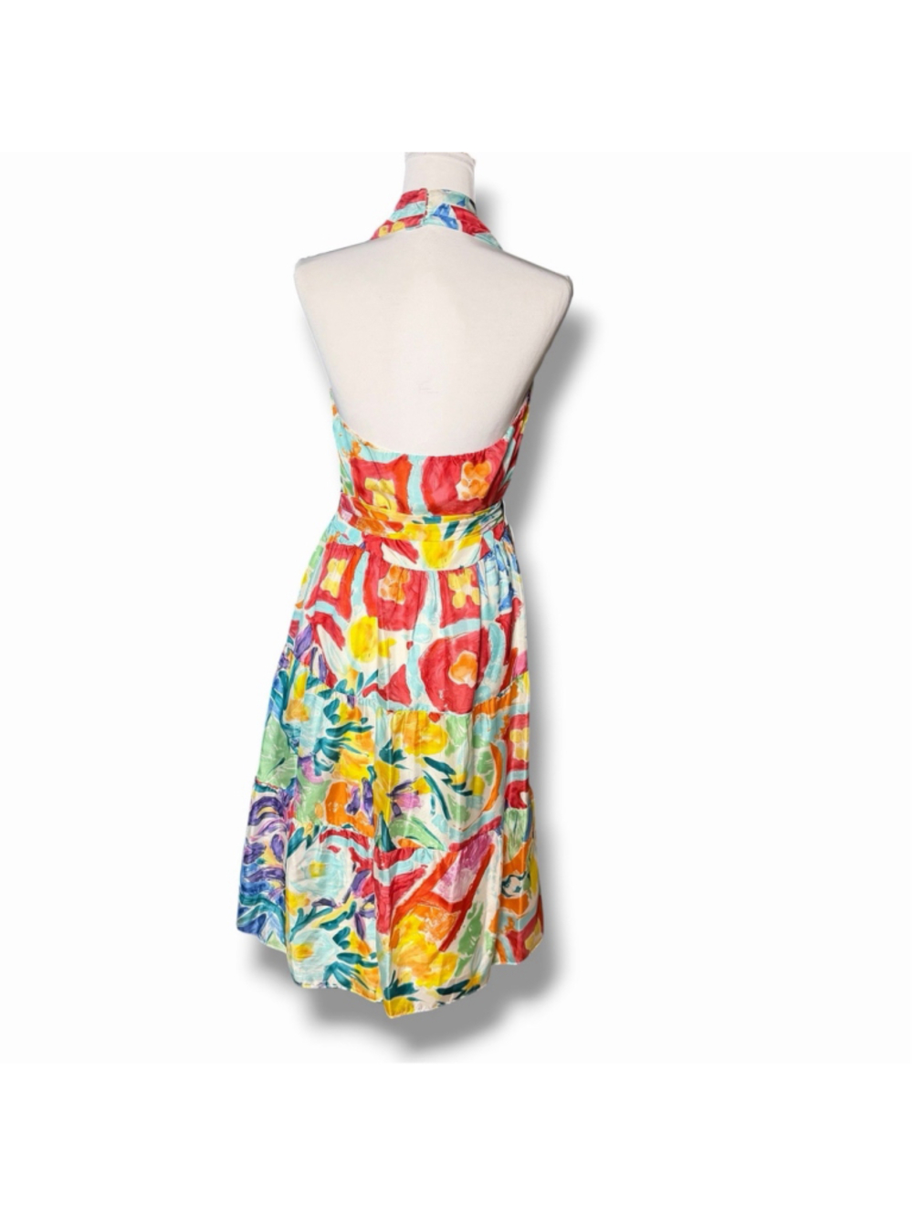 LRL Ralph Lauren 100% Silk Halter Dress 10 Watercolor Floral Midi Tie Waist EUC - Picture 4 of 10